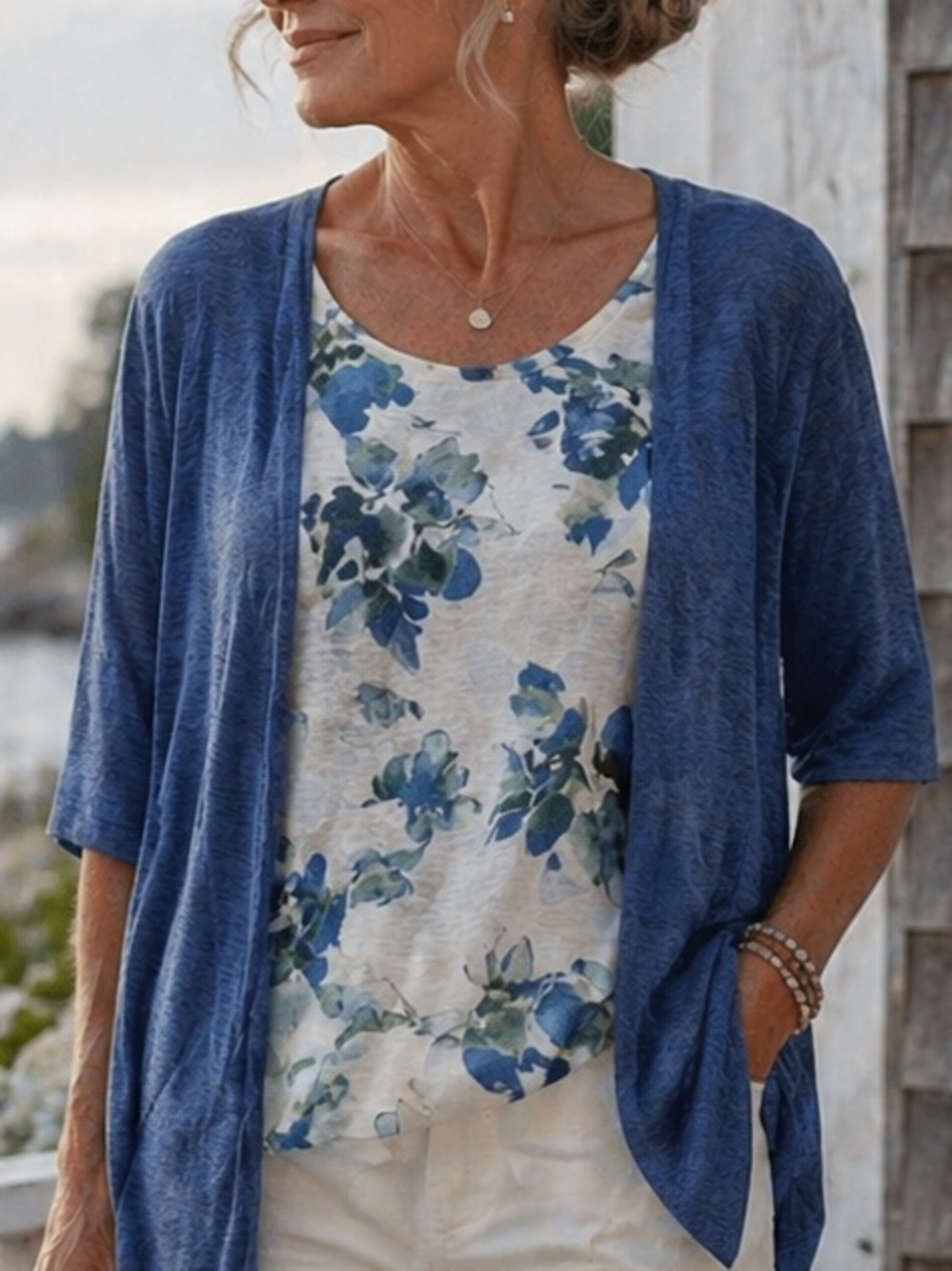 Iyla Blue Floral Layered Top Size XL Lightweight Cardigan Style Attached Tank